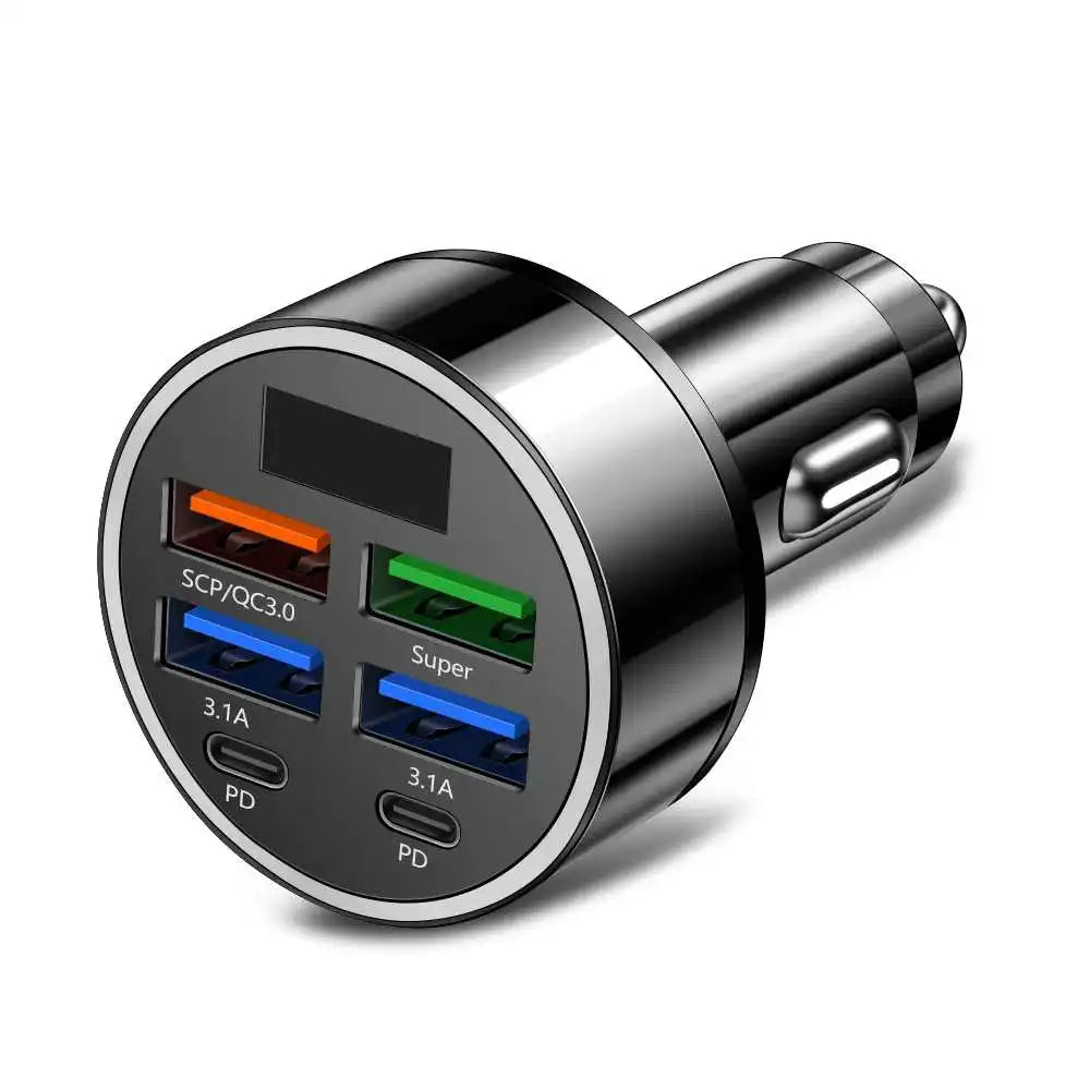 Car USB Charger – 6-Port 100W with Digital Display
