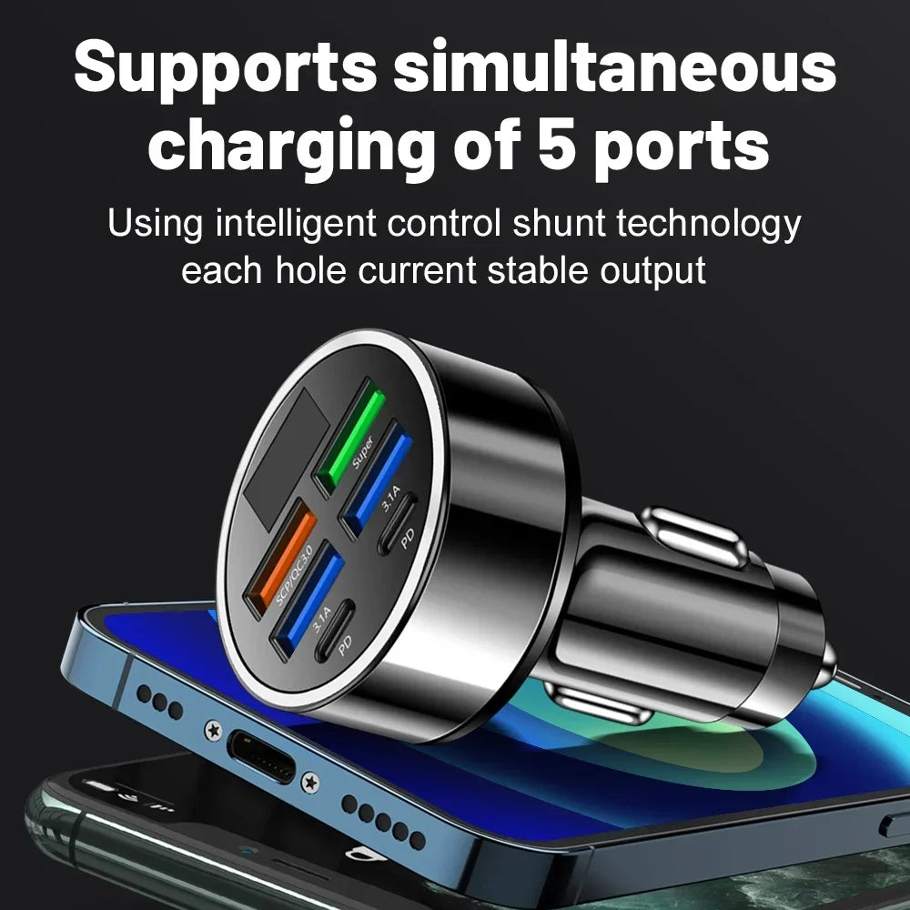 Car USB Charger – 6-Port 100W with Digital Display