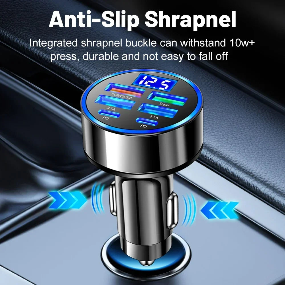 Car USB Charger – 6-Port 100W with Digital Display