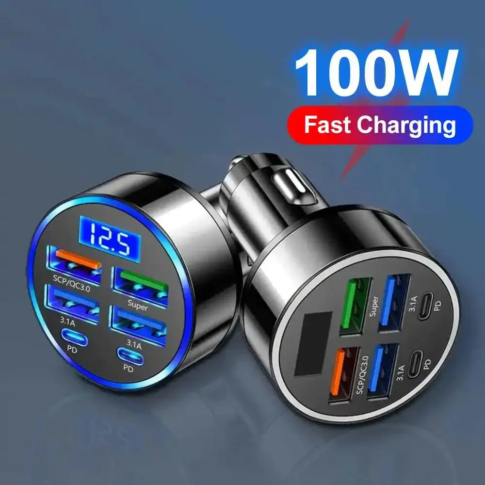 Car USB Charger – 6-Port 100W with Digital Display