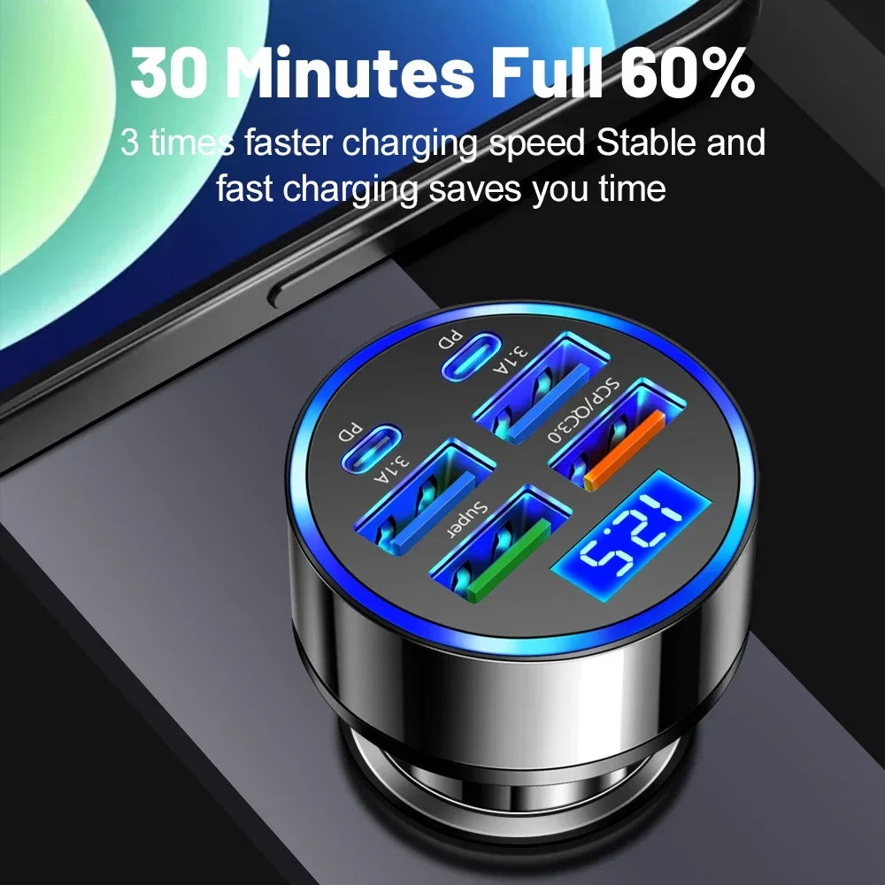 Car USB Charger – 6-Port 100W with Digital Display